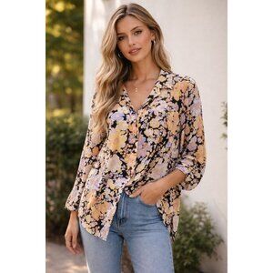 Rachel Zoe floral print long sleeve button down blouse Size L Office Wear Casual
